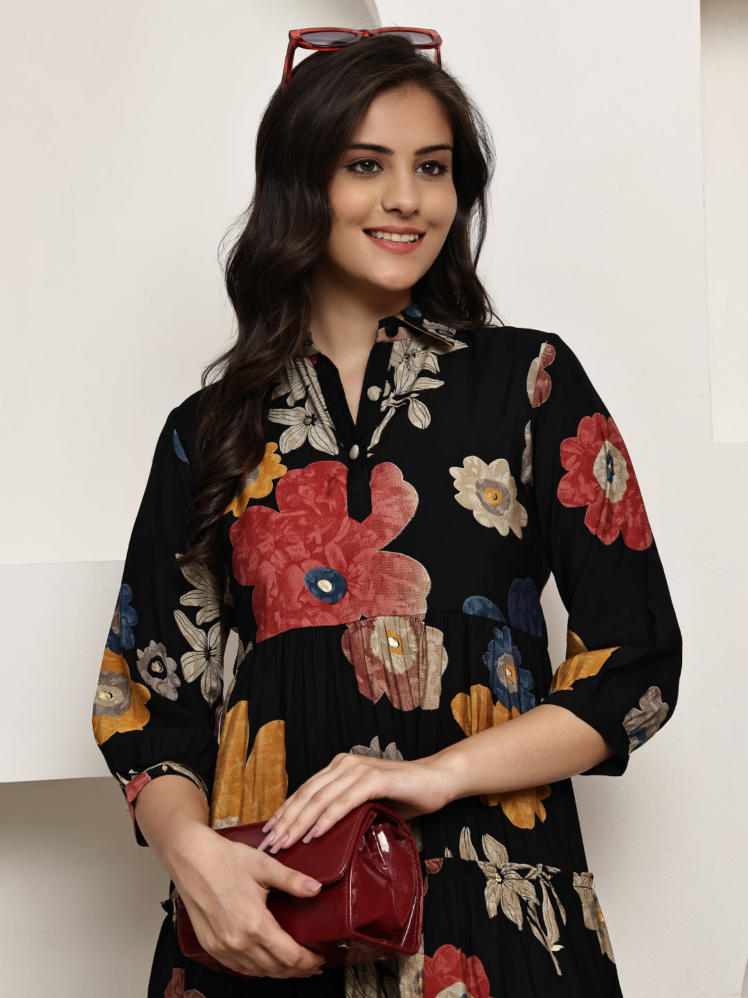 Black Colour Floral Printed Premium Chanderi Dress For Women