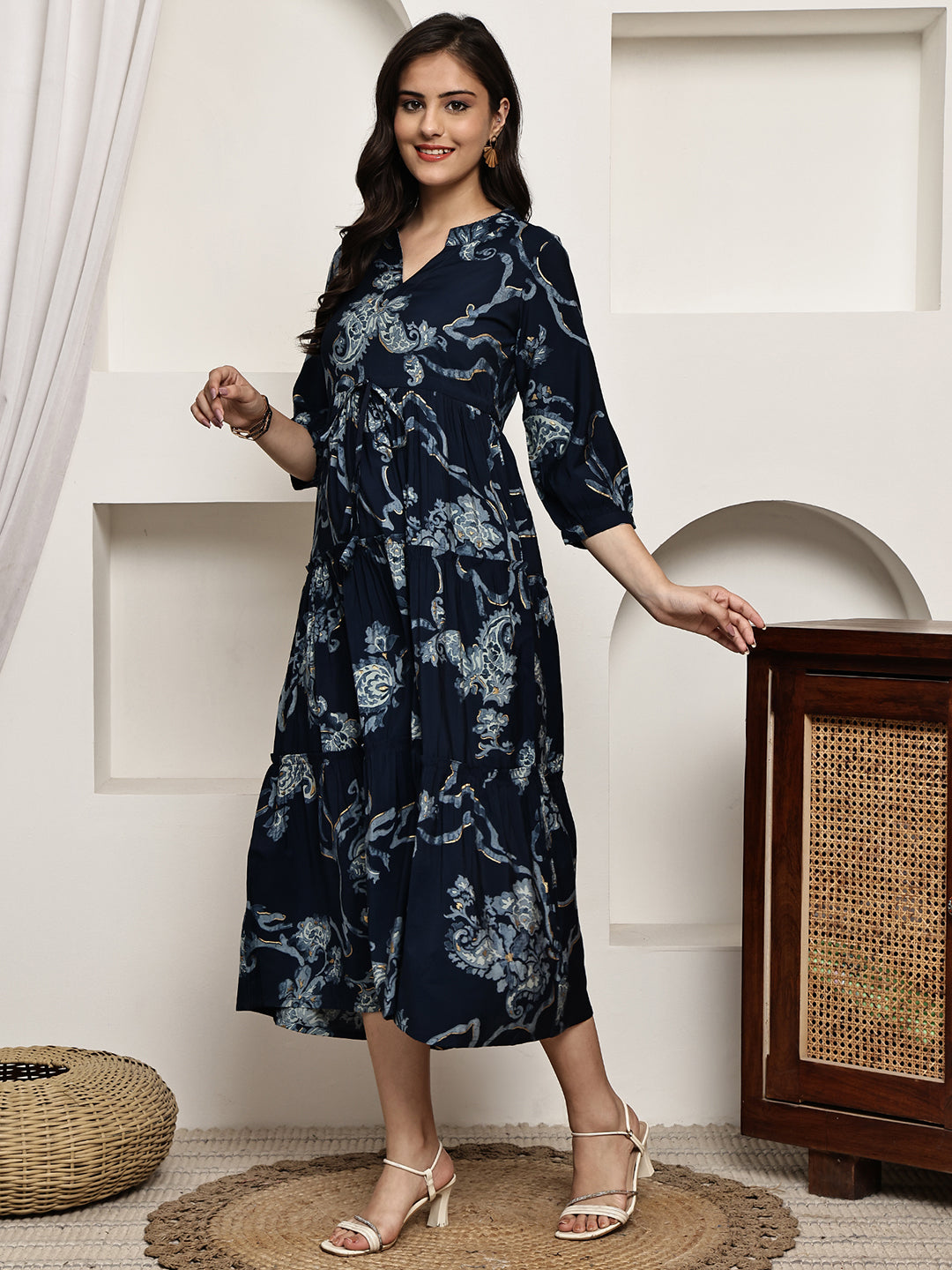 Navy Blue Colour Ethnic Motifs Printed Premium Chanderi Dress For Women