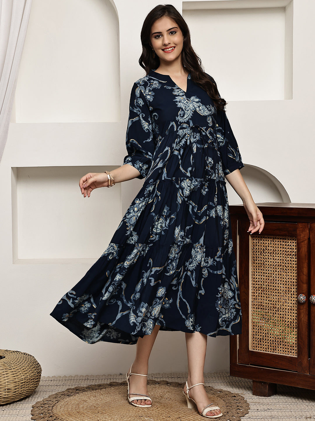 Navy Blue Colour Ethnic Motifs Printed Premium Chanderi Dress For Women