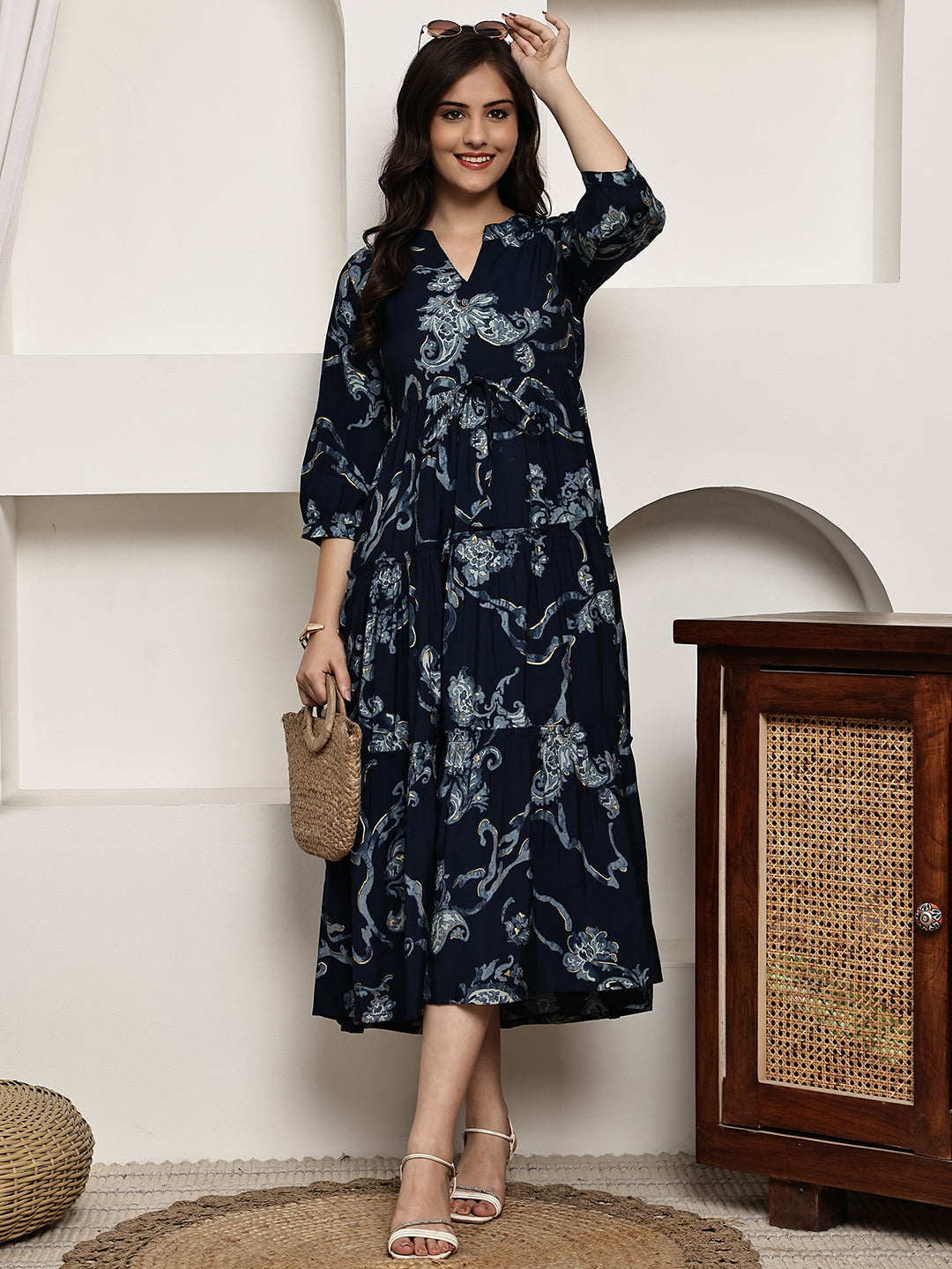 Navy Blue Colour Ethnic Motifs Printed Premium Chanderi Dress For Women