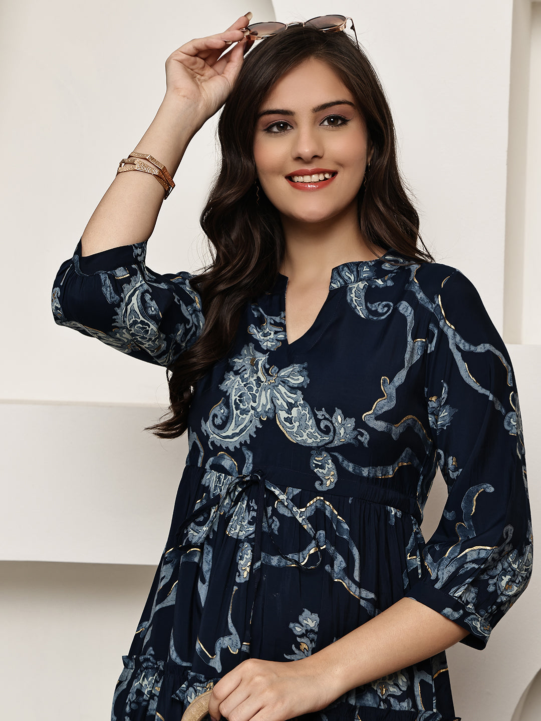 Navy Blue Colour Ethnic Motifs Printed Premium Chanderi Dress For Women