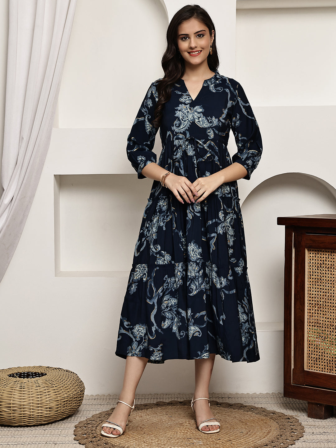 Navy Blue Colour Ethnic Motifs Printed Premium Chanderi Dress For Women