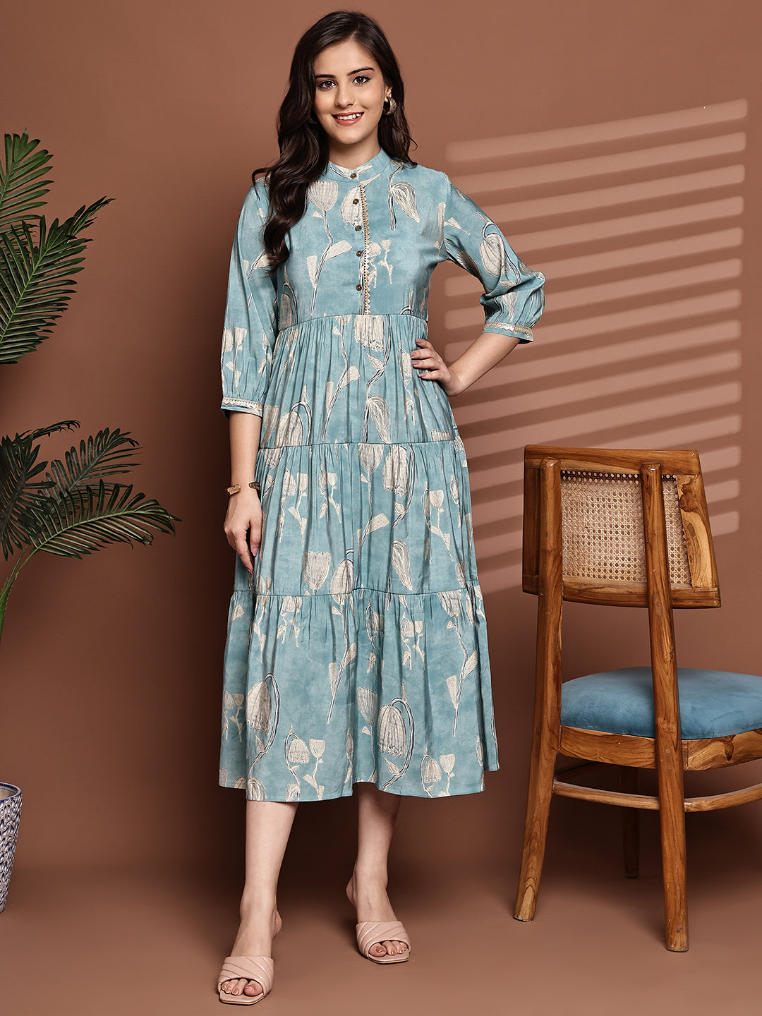 Blue Colour Floral Printed Premium Chanderi Dress For Women