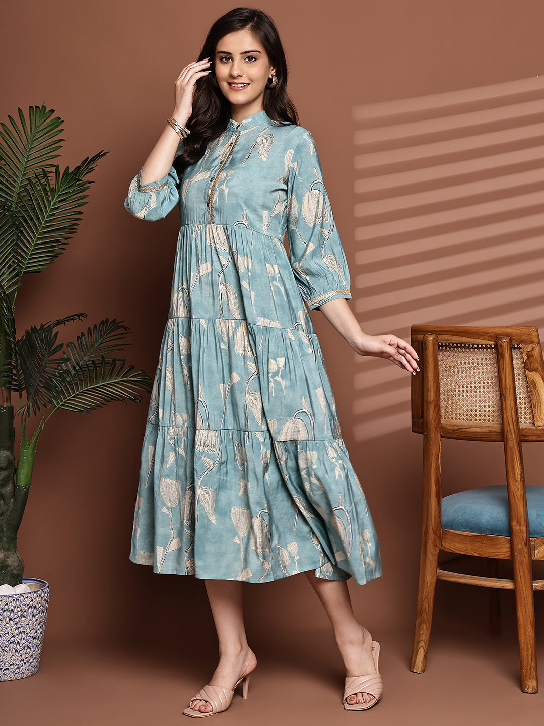 Blue Colour Floral Printed Premium Chanderi Dress For Women