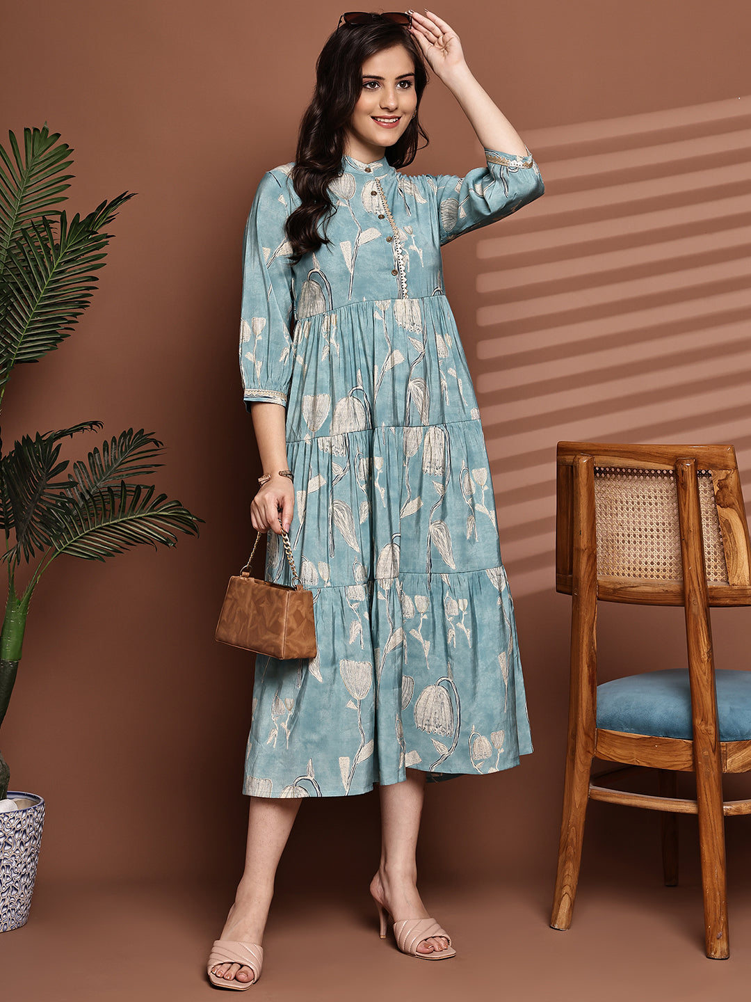 Blue Colour Floral Printed Premium Chanderi Dress For Women