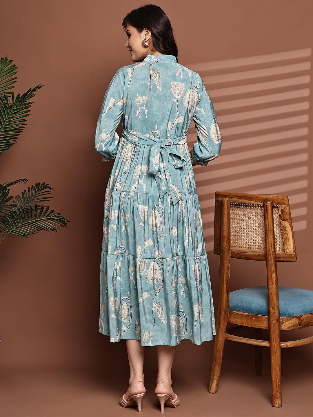 Blue Colour Floral Printed Premium Chanderi Dress For Women