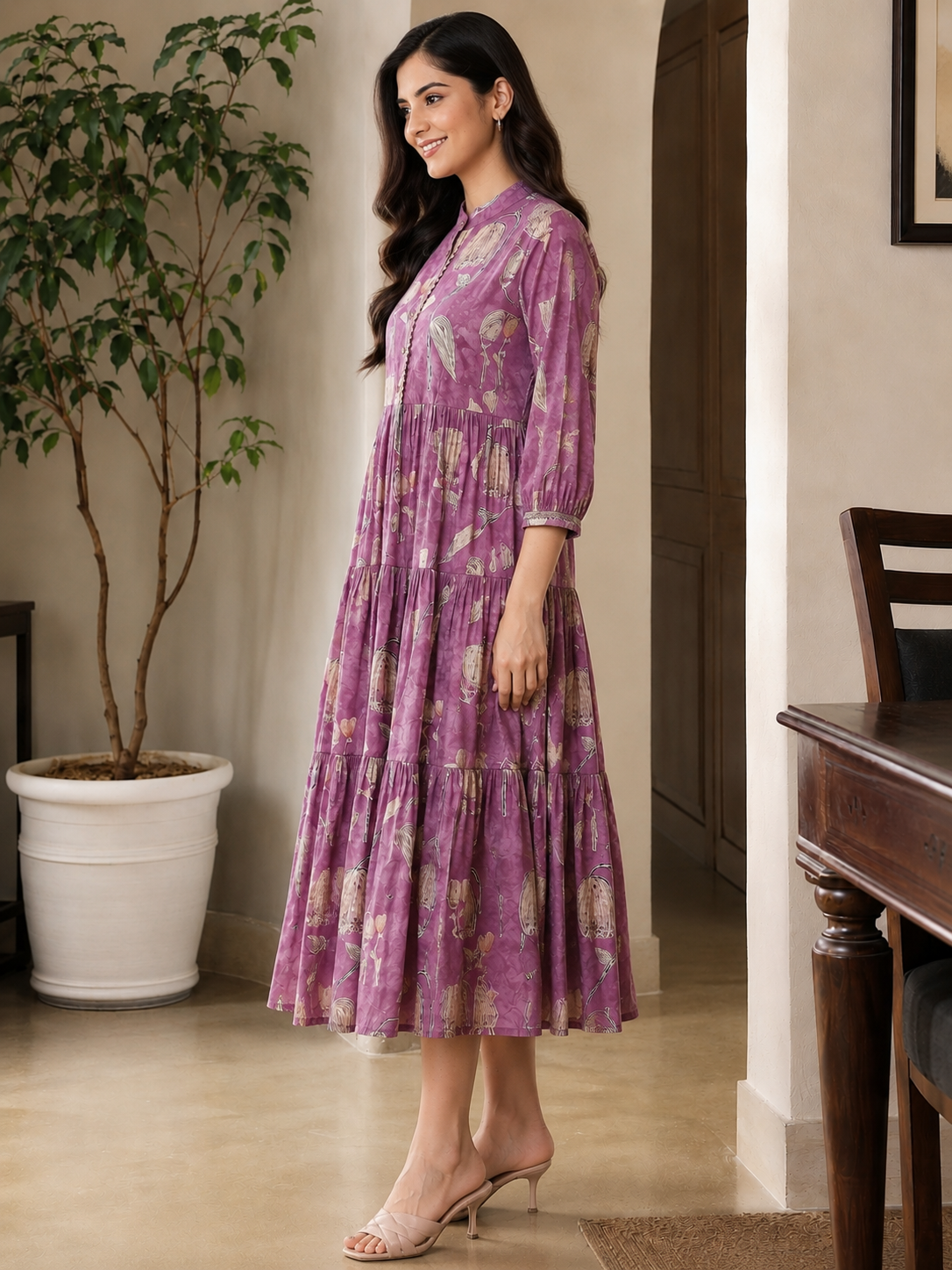 Mauve Chanderi Floral Printed Dress for Women | Claura