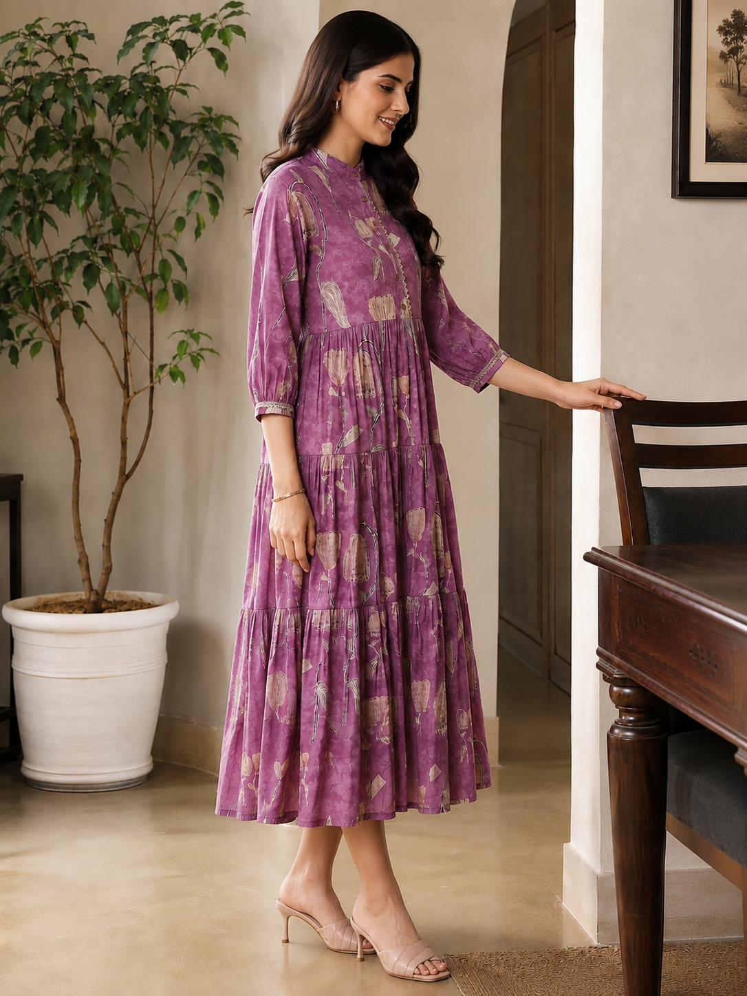 Mauve Chanderi Floral Printed Dress for Women | Claura