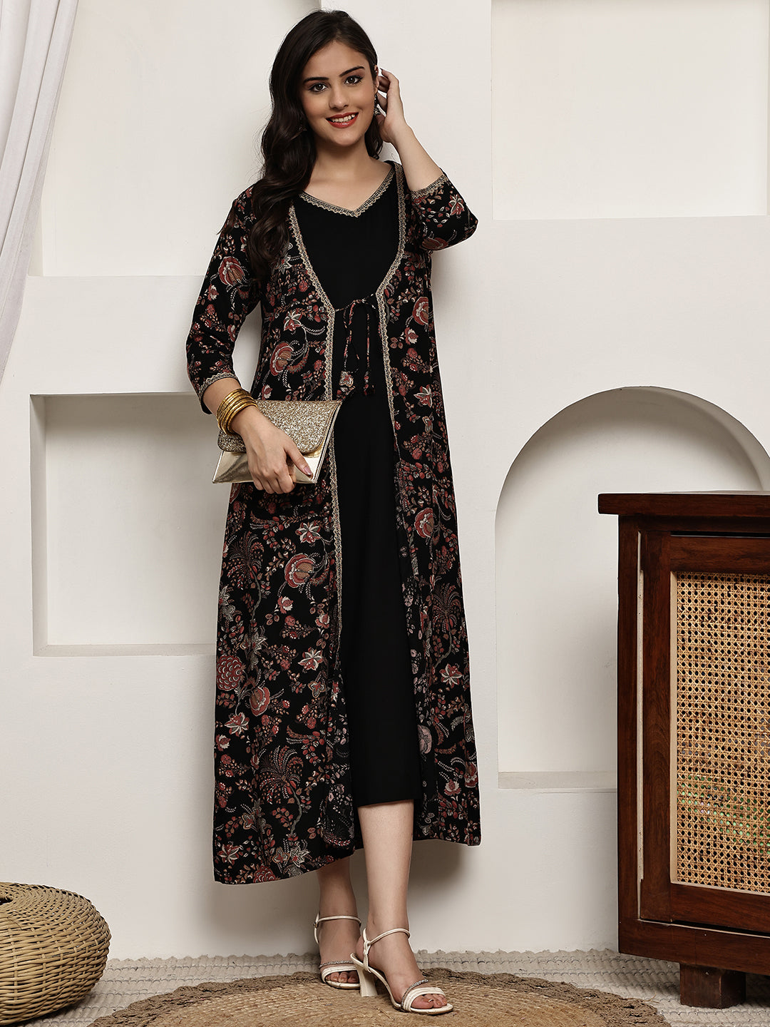 Black Colour Ethnic Floral Viscose Rayon Dress For Women