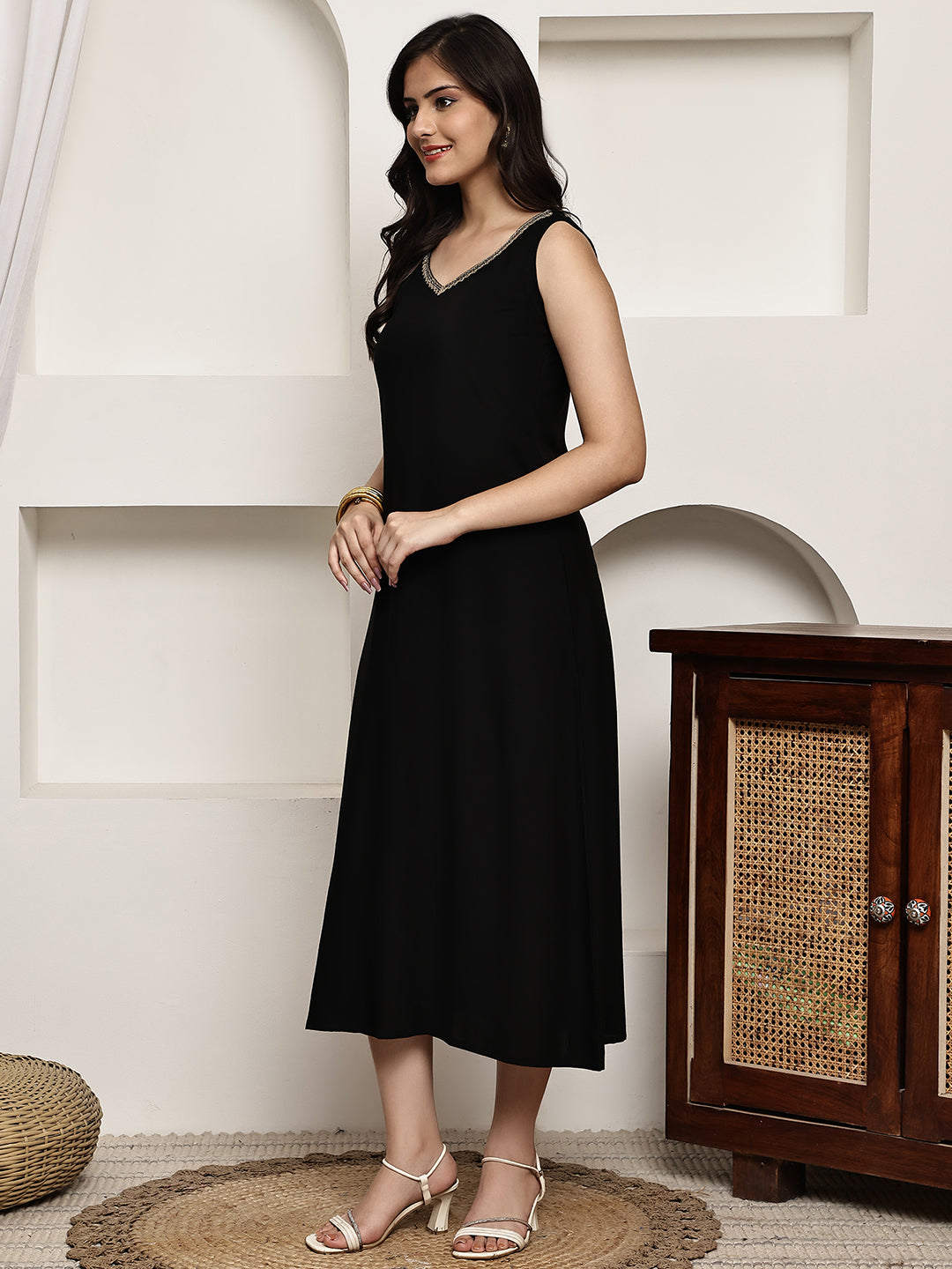 Black Colour Ethnic Floral Viscose Rayon Dress For Women