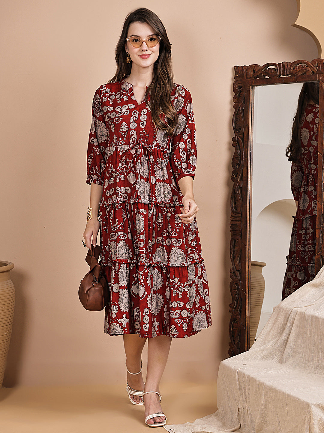 Maroon Color Floral Printed Chanderi Silk Dress For Women