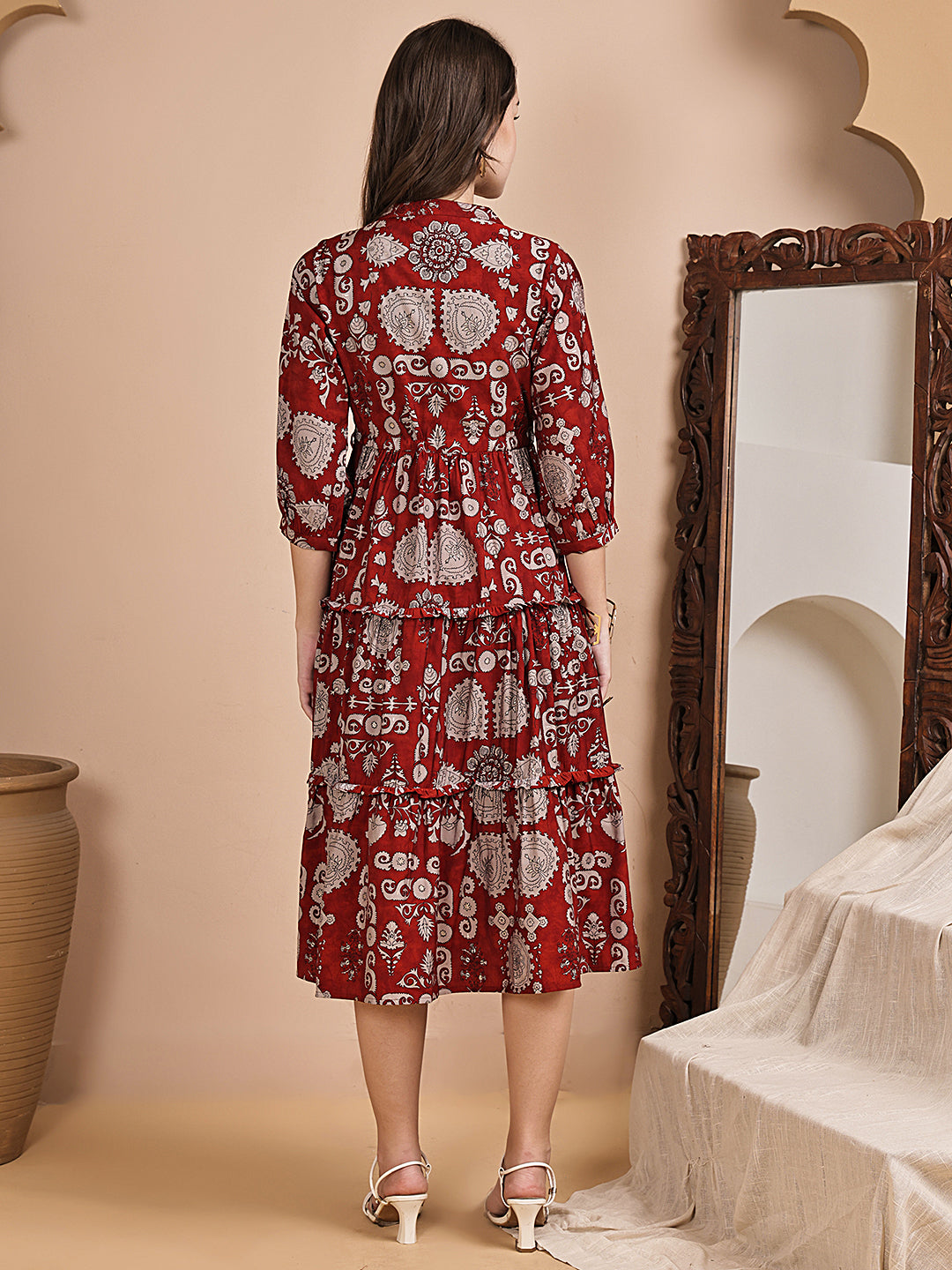 Maroon Color Floral Printed Chanderi Silk Dress For Women