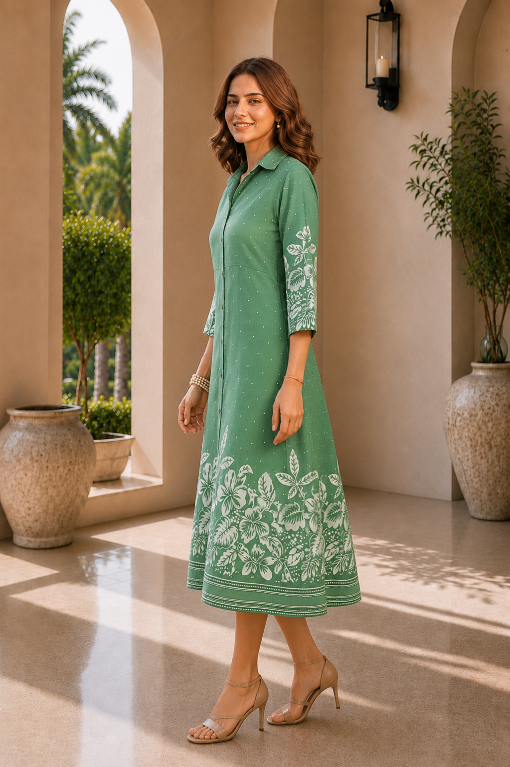Green Floral Printed Chanderi Premium Long Dress for Women | Claura