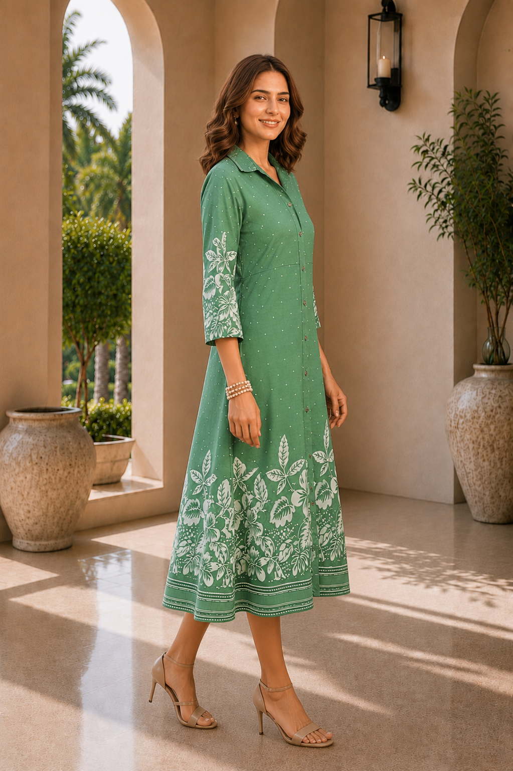 Green Floral Printed Chanderi Premium Long Dress for Women | Claura