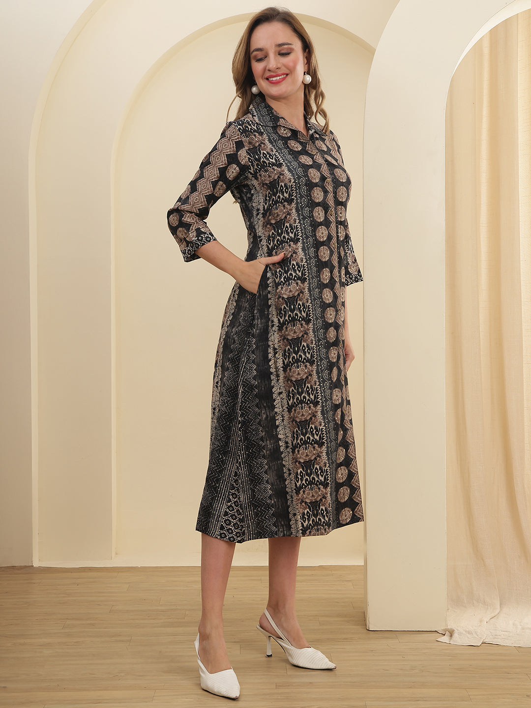 Black Chanderi Silk Abstract Printed Dress for Women | Claura