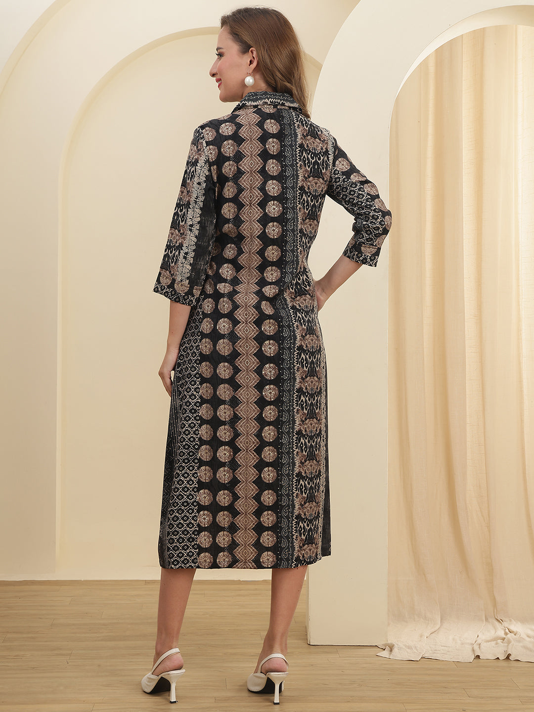 Black Chanderi Silk Abstract Printed Dress for Women | Claura