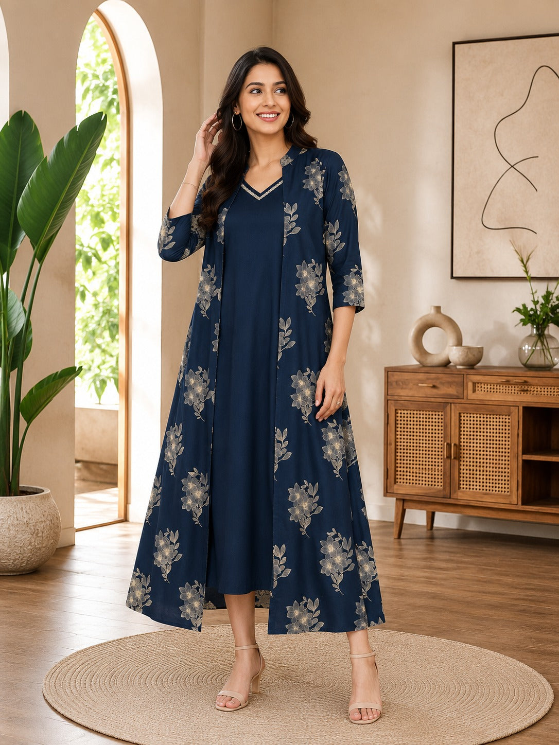 Navy blue Cotton Floral Printed Dress for Women | Claura