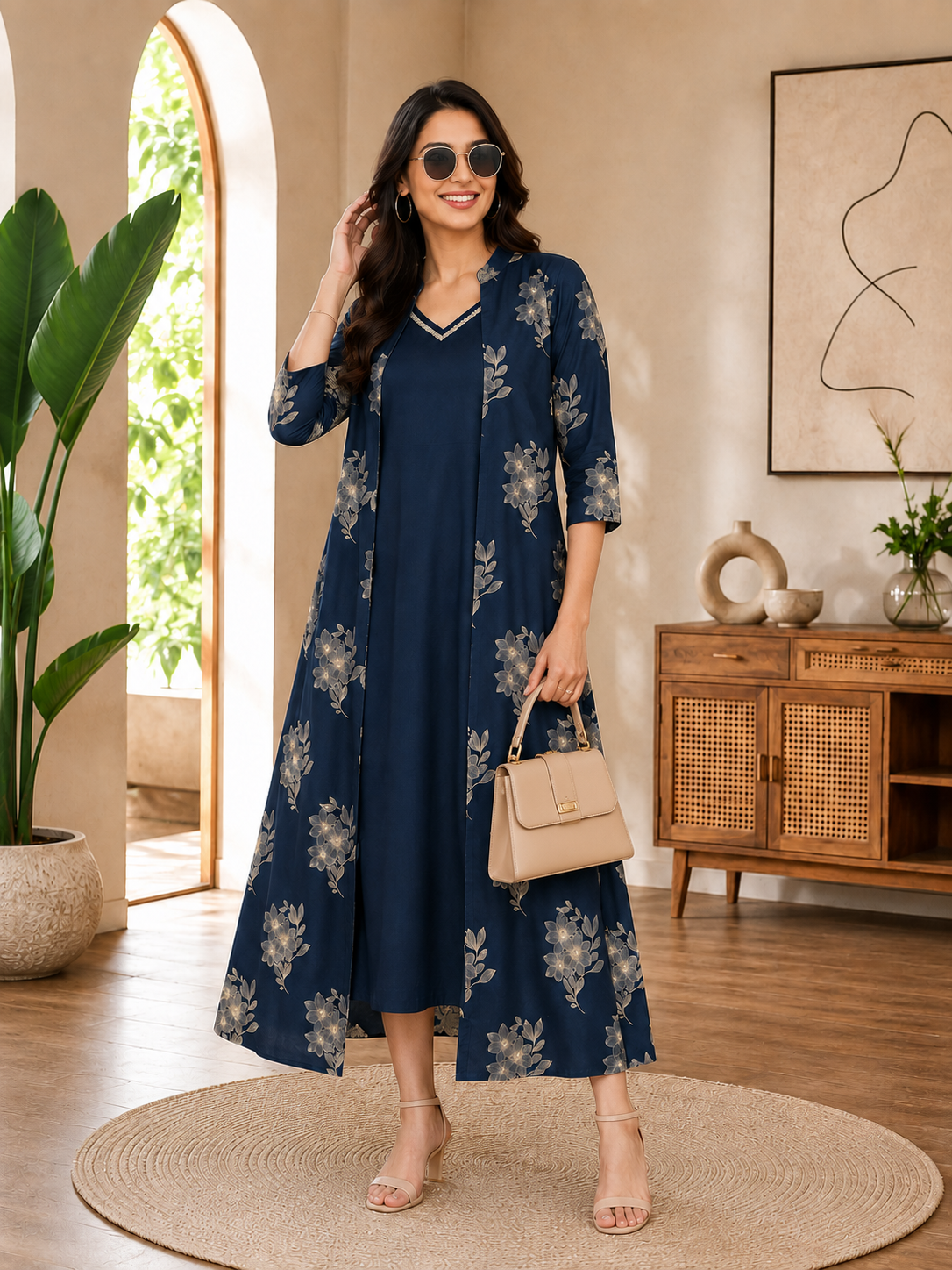 Navy blue Cotton Floral Printed Dress for Women | Claura