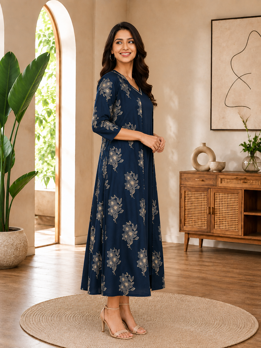 Navy blue Cotton Floral Printed Dress for Women | Claura