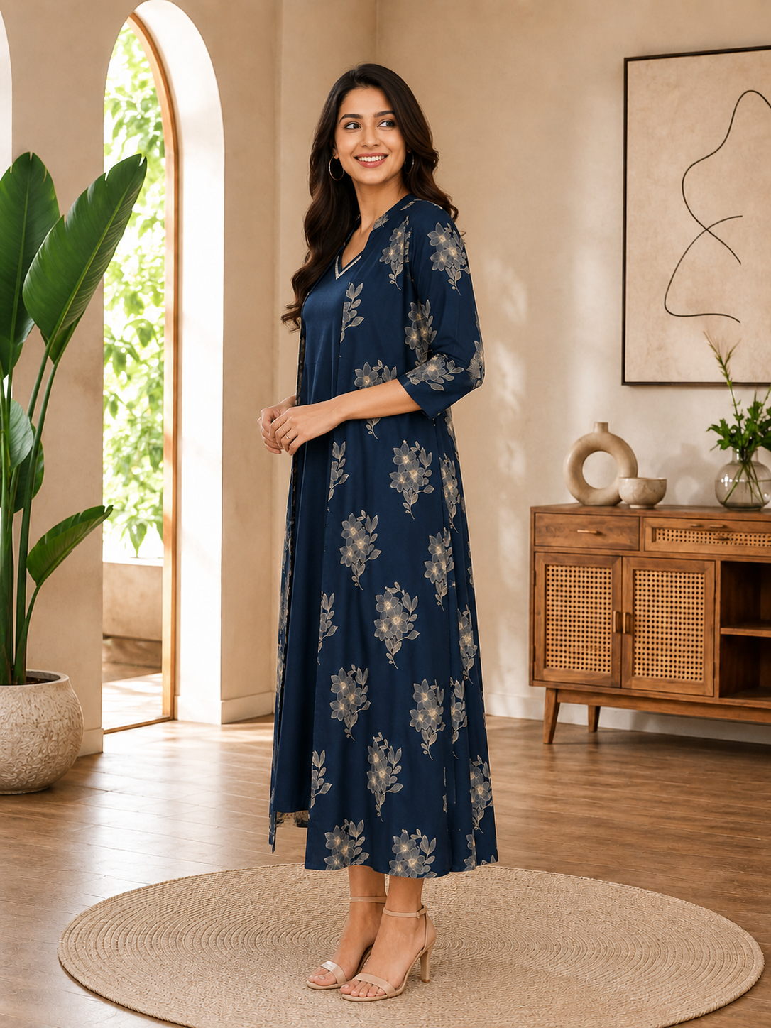Navy blue Cotton Floral Printed Dress for Women | Claura