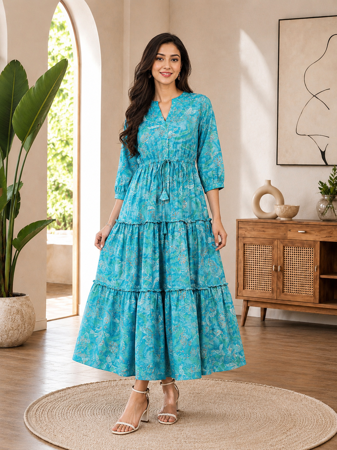 Blue Floral Printed Premium Chanderi V-Neck Dress for Women | Claura