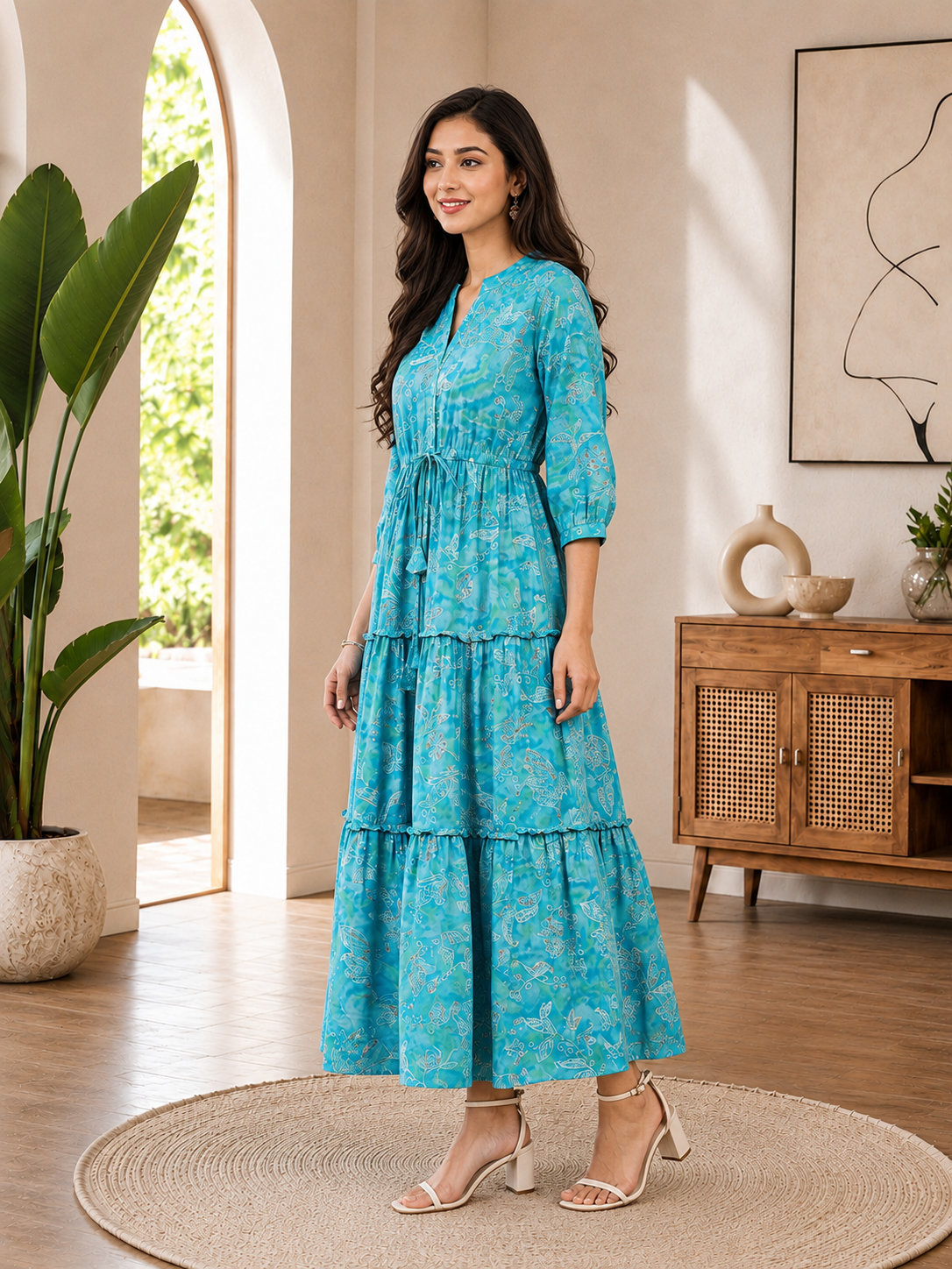 Blue Floral Printed Premium Chanderi V-Neck Dress for Women | Claura