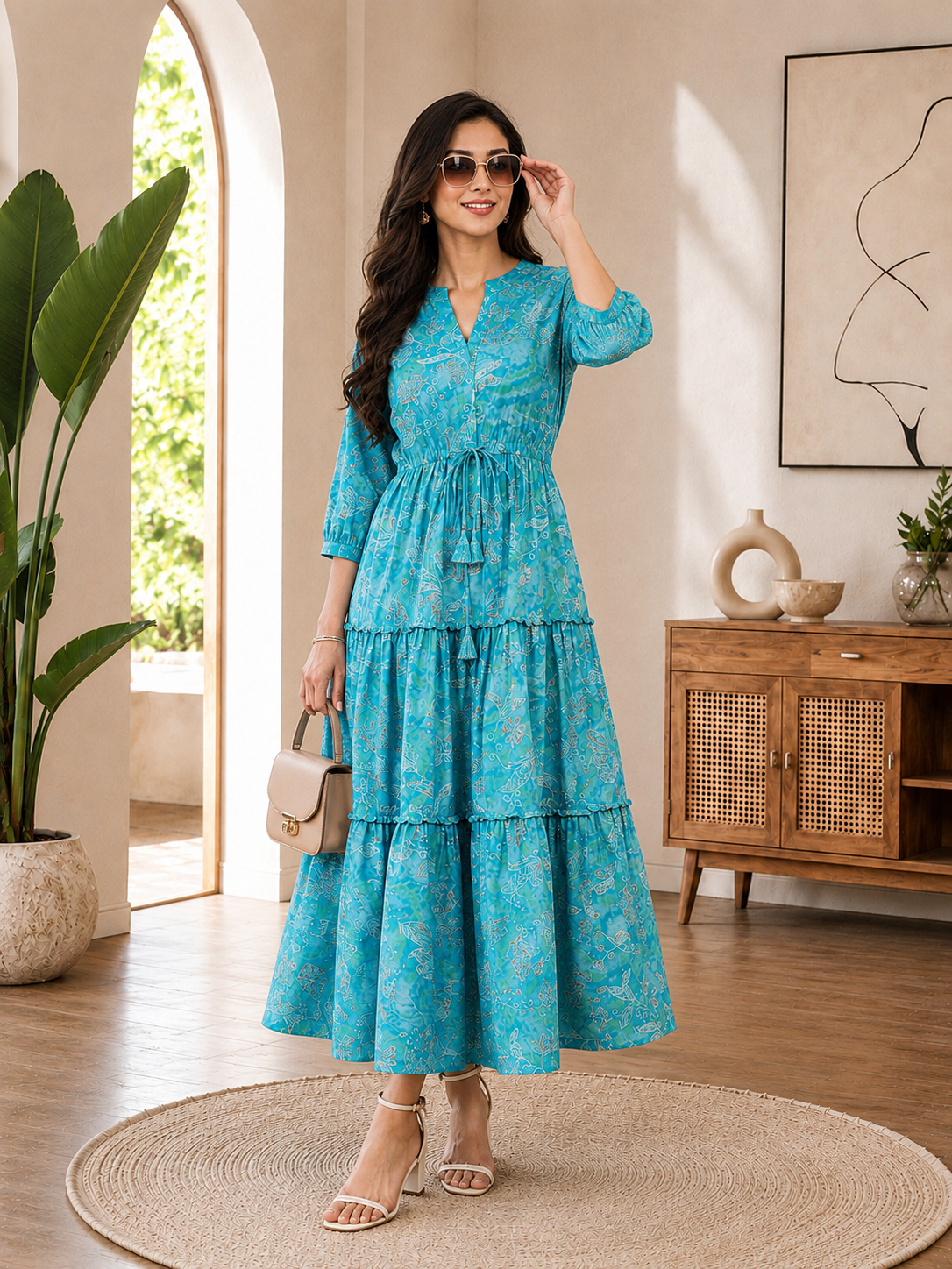 Blue Floral Printed Premium Chanderi V-Neck Dress for Women | Claura