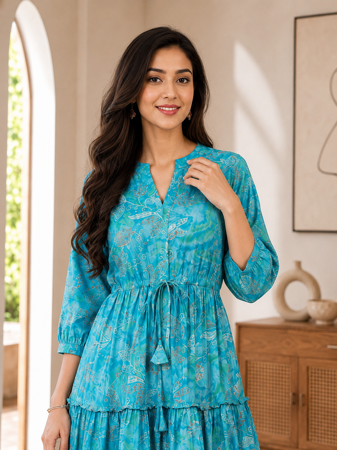 Blue Floral Printed Premium Chanderi V-Neck Dress for Women | Claura