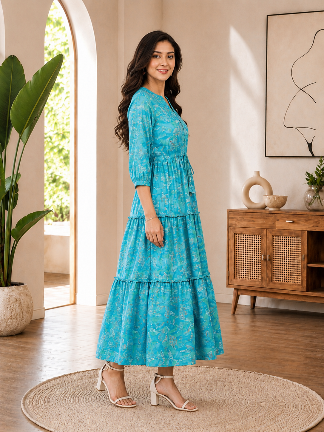Blue Floral Printed Premium Chanderi V-Neck Dress for Women | Claura