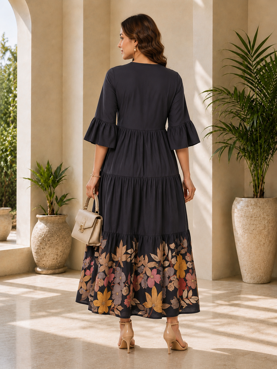 Grey Viscose Rayon Floral Printed Dress for Women | Claura