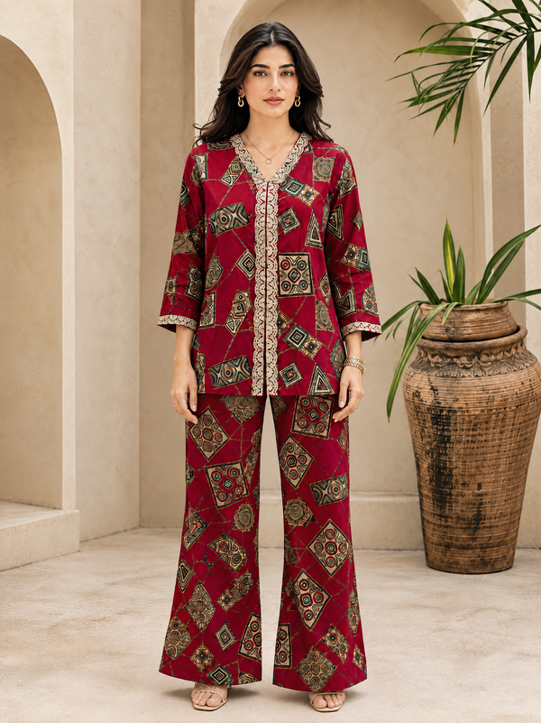 Red Printed V-Neck Tunic with 3/4 Sleeves & Palazzos | Claura
