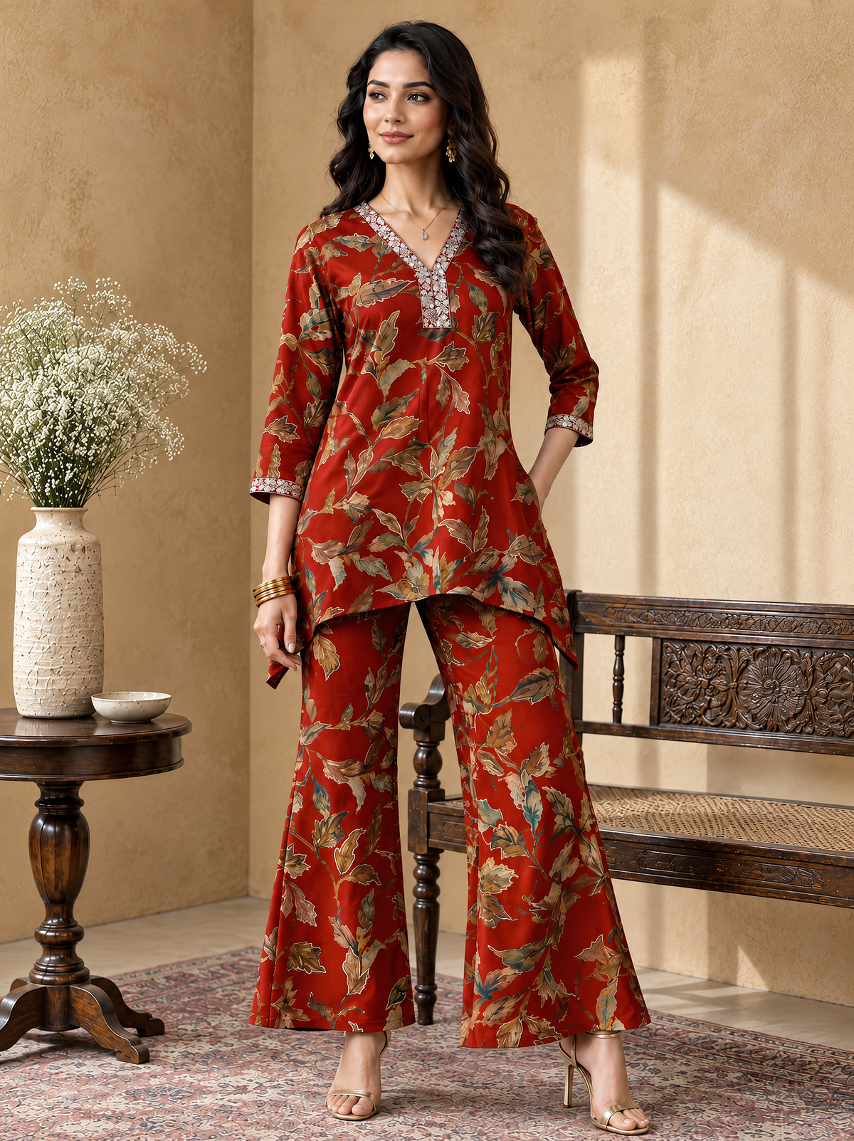 Rust Orange Floral Printed V-Neck Tunic with Printed Trousers Co-Ord Set