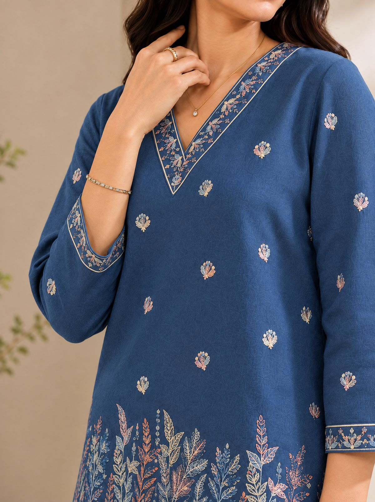 Blue Floral Embroidered Linen Tunic with Solid Palazzos Co-ord Set