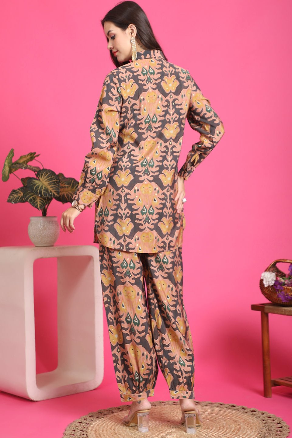 Peach Color Tropical Printed Chanderi Silk Co-ord Set