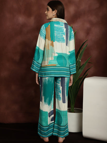 Green Color Abstract Printed Viscose Rayon Nightsuit For Nightsuit