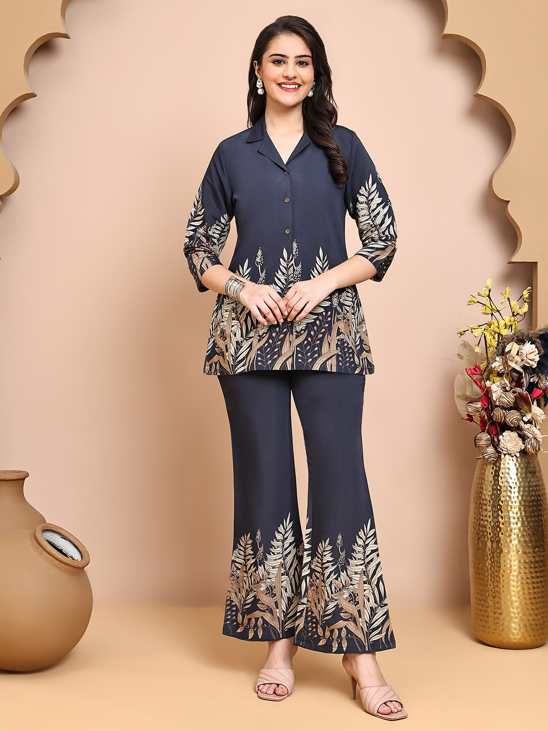 Grey Colour Floral Printed Premium Chanderi Co-Ords Set for Women