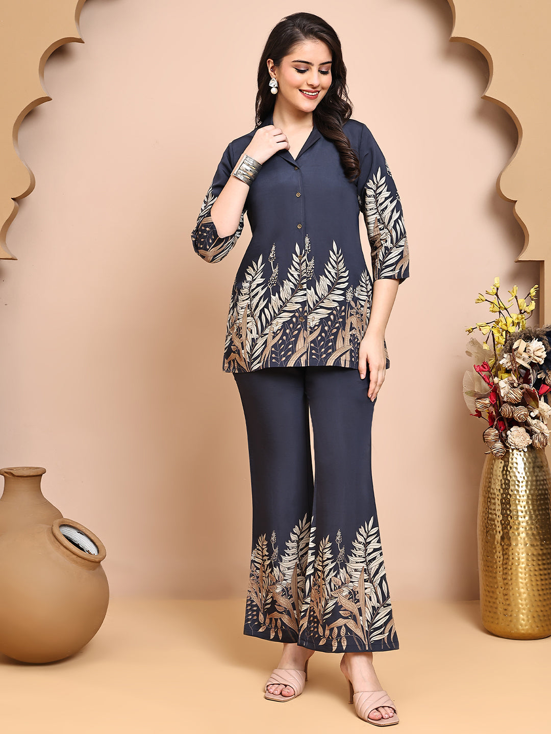 Grey Colour Floral Printed Premium Chanderi Co-Ords Set for Women