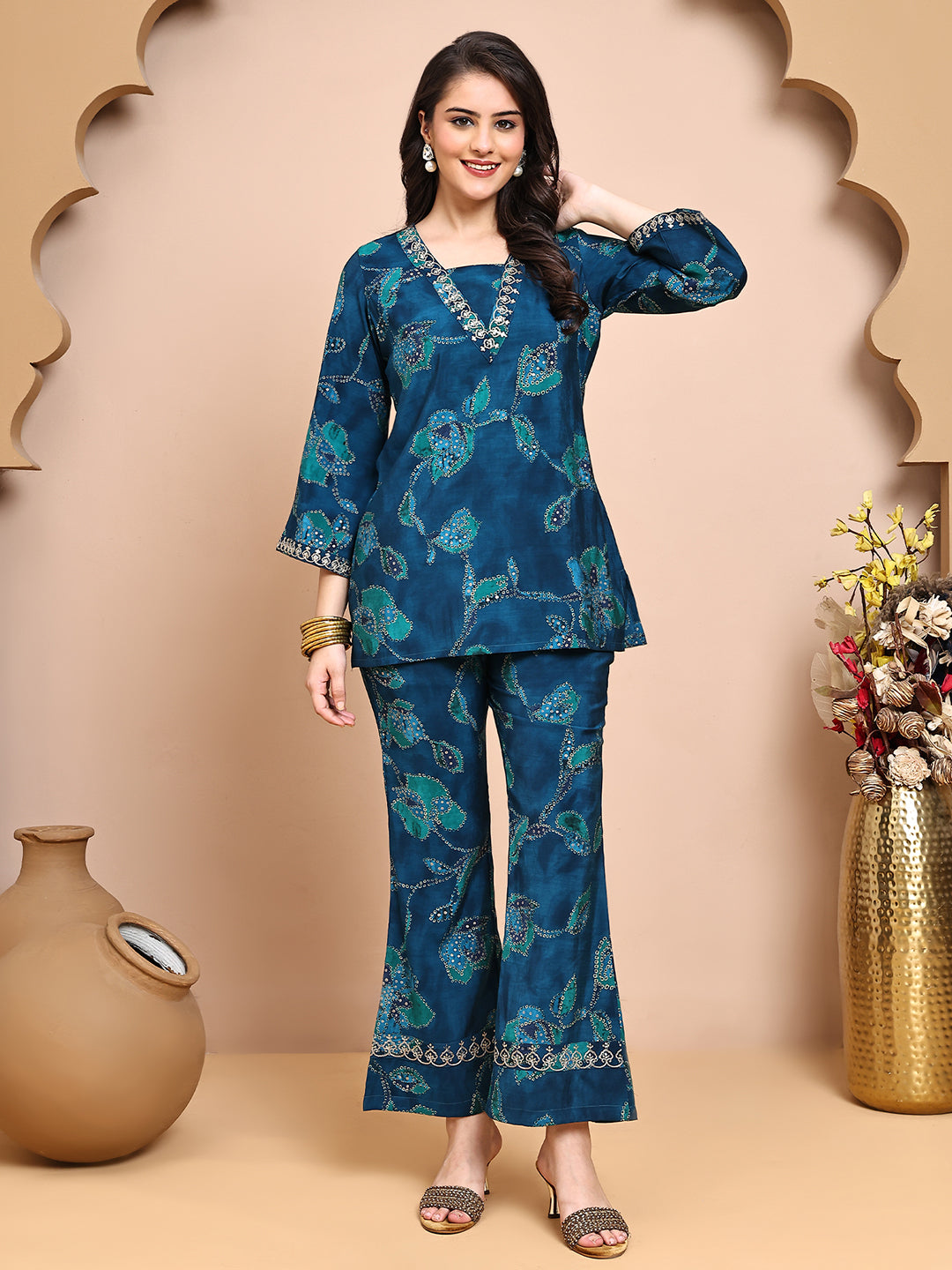 Blur Colour Abstract Printed Premium Chanderi Co-Ord Set for Women