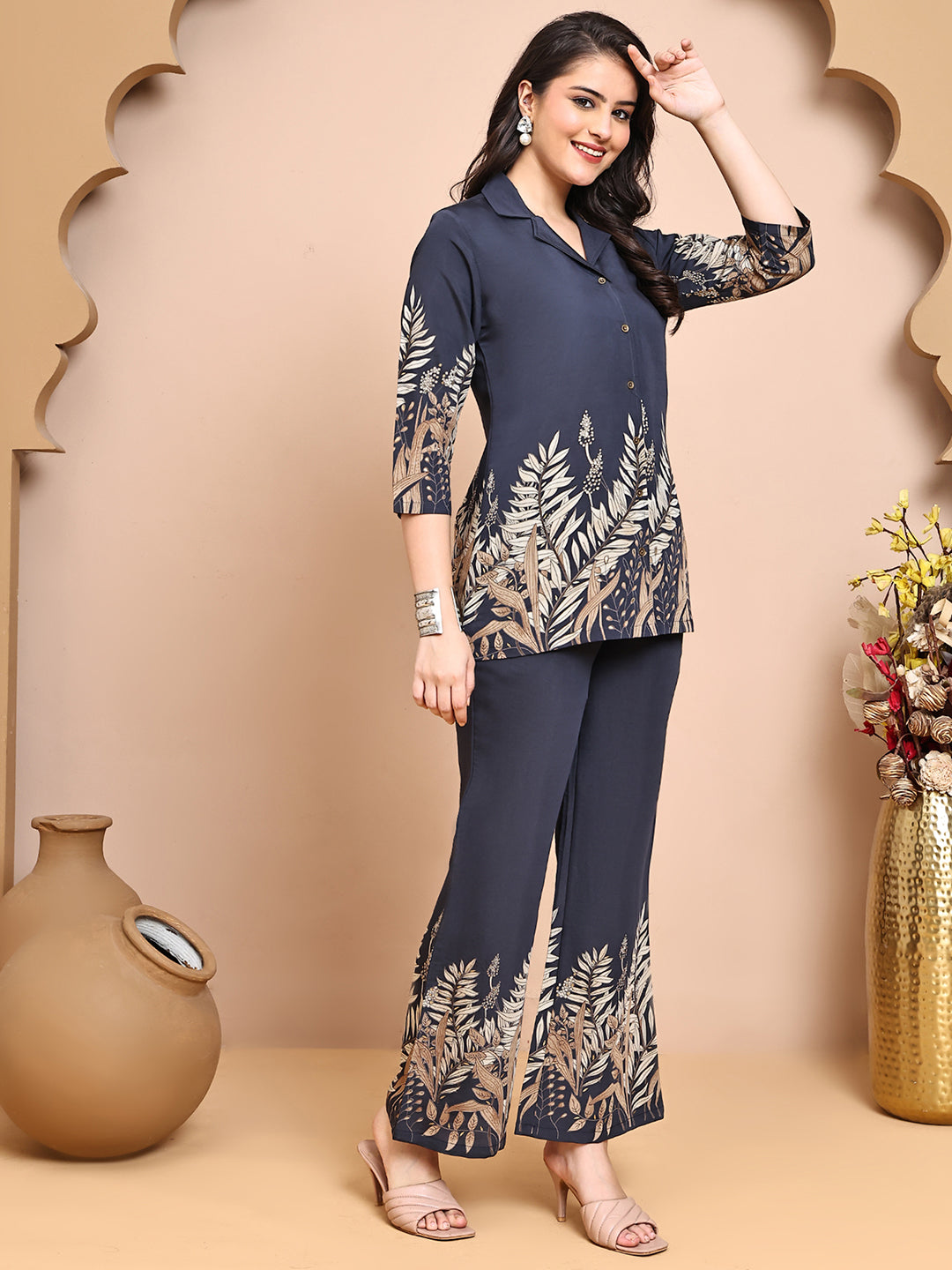Grey Colour Floral Printed Premium Chanderi Co-Ords Set for Women