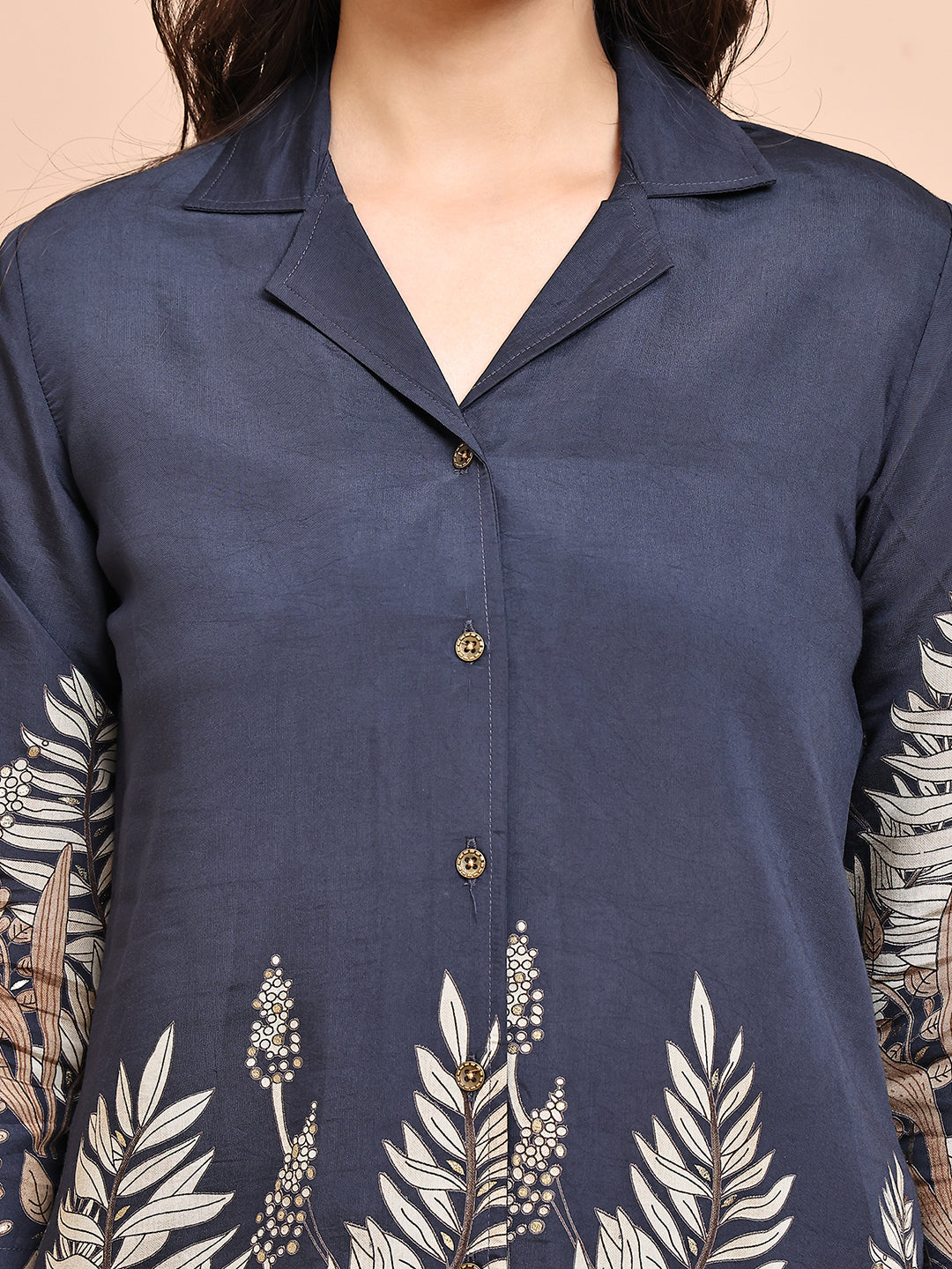 Grey Colour Floral Printed Premium Chanderi Co-Ords Set for Women