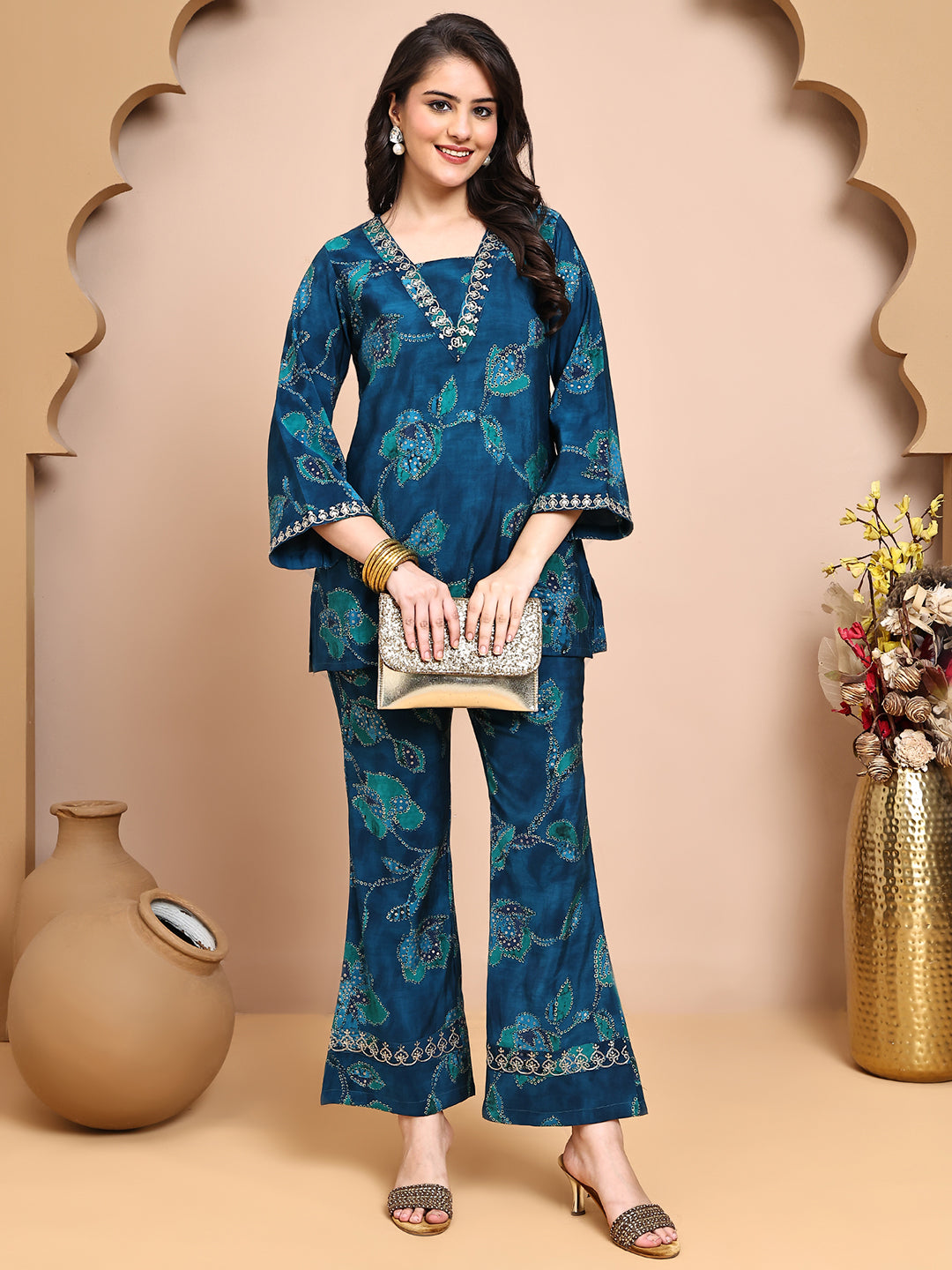 Blur Colour Abstract Printed Premium Chanderi Co-Ord Set for Women