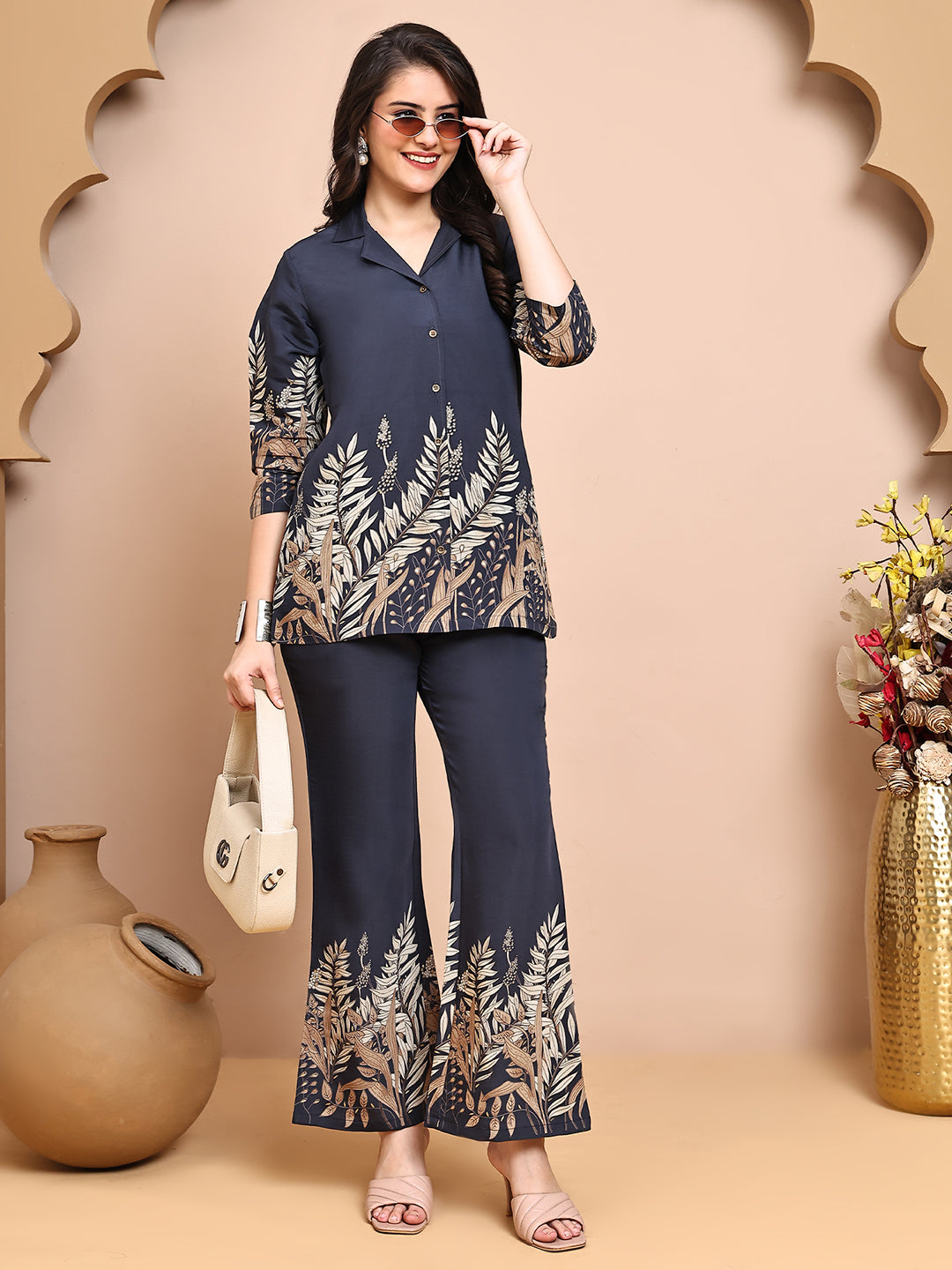 Grey Colour Floral Printed Premium Chanderi Co-Ords Set for Women