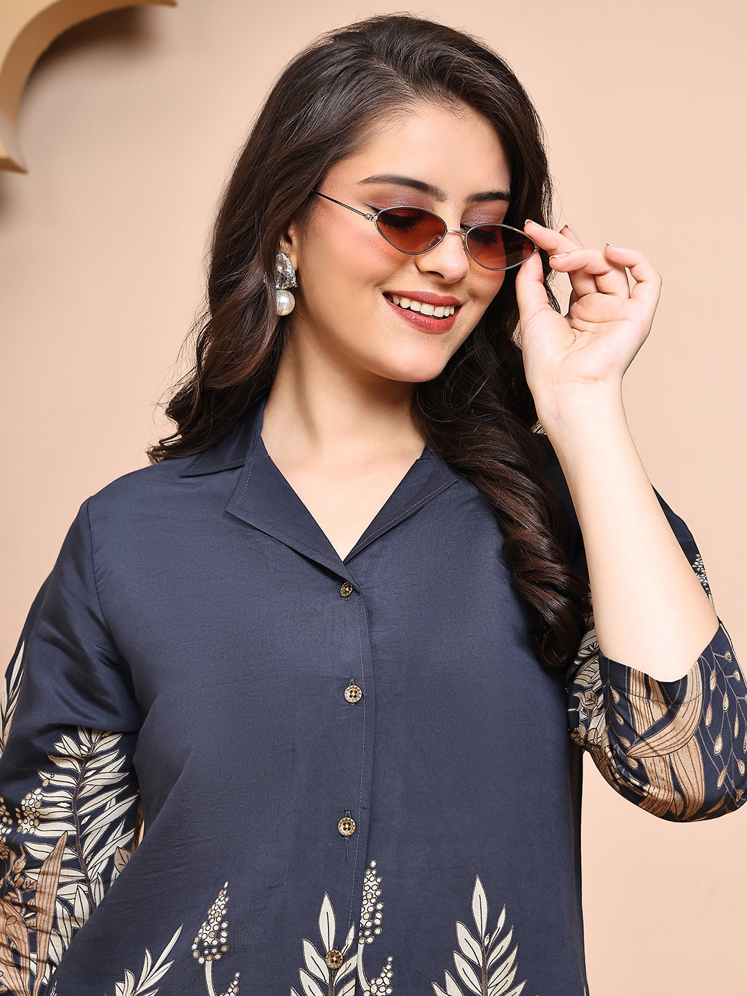 Grey Colour Floral Printed Premium Chanderi Co-Ords Set for Women