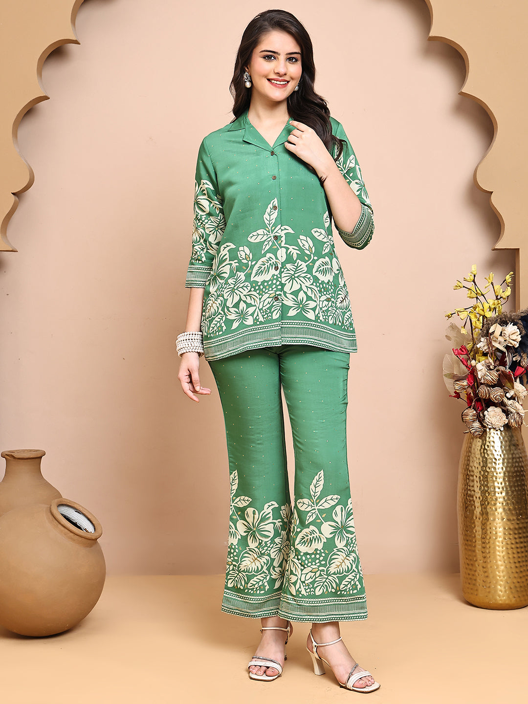 Green Colour Floral Printed Premium Chanderi Co-Ord Set for Women