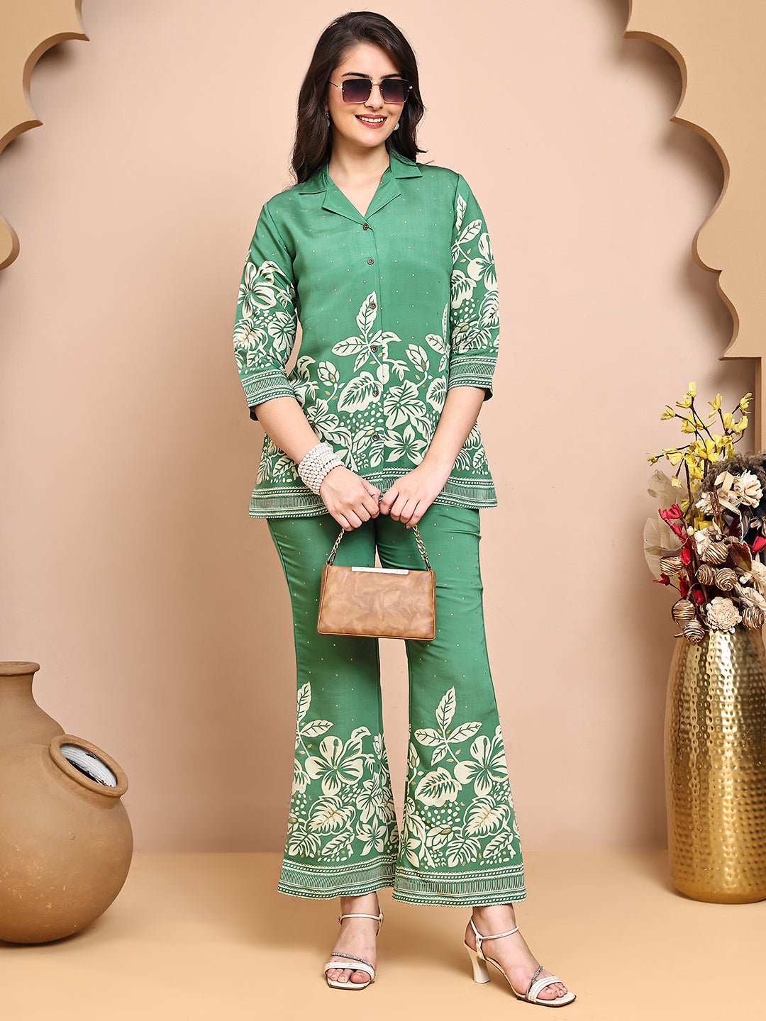Green Colour Floral Printed Premium Chanderi Co-Ord Set for Women