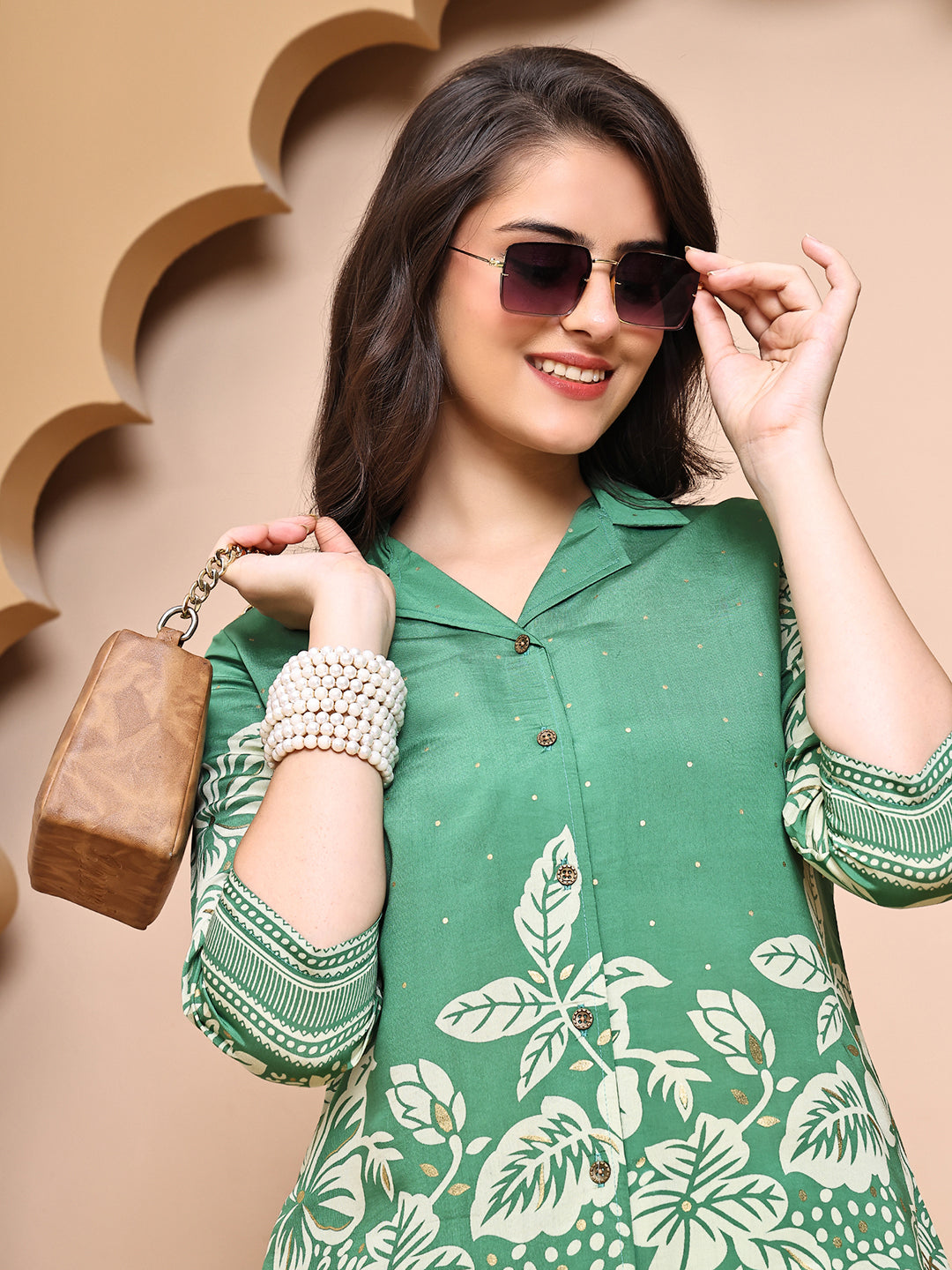 Green Colour Floral Printed Premium Chanderi Co-Ord Set for Women