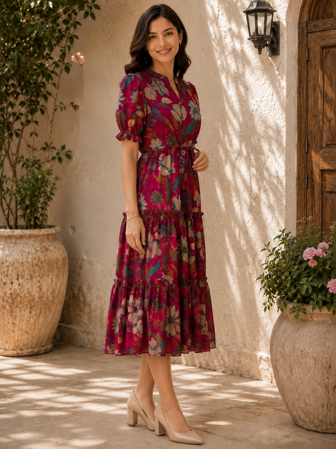 Pink Floral Print Puff Sleeve A-Line Midi Dress | Claura