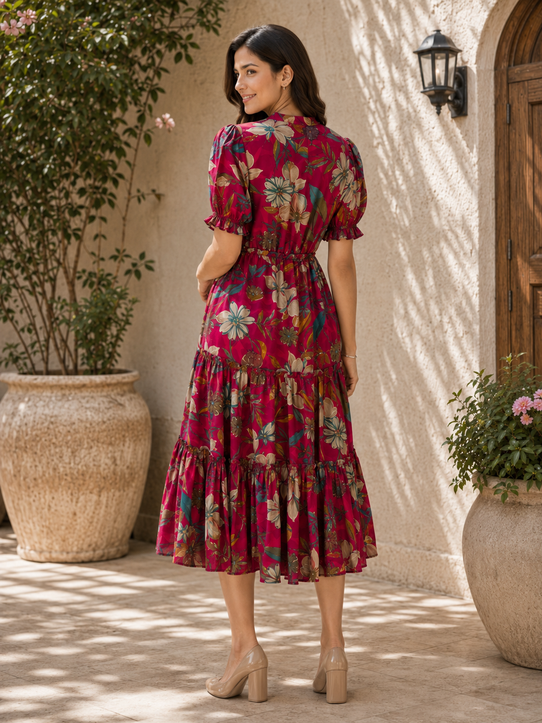Pink Floral Print Puff Sleeve A-Line Midi Dress | Claura