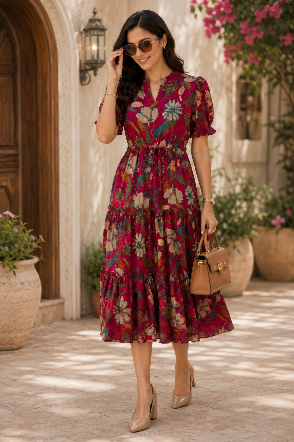 Pink Floral Print Puff Sleeve A-Line Midi Dress | Claura