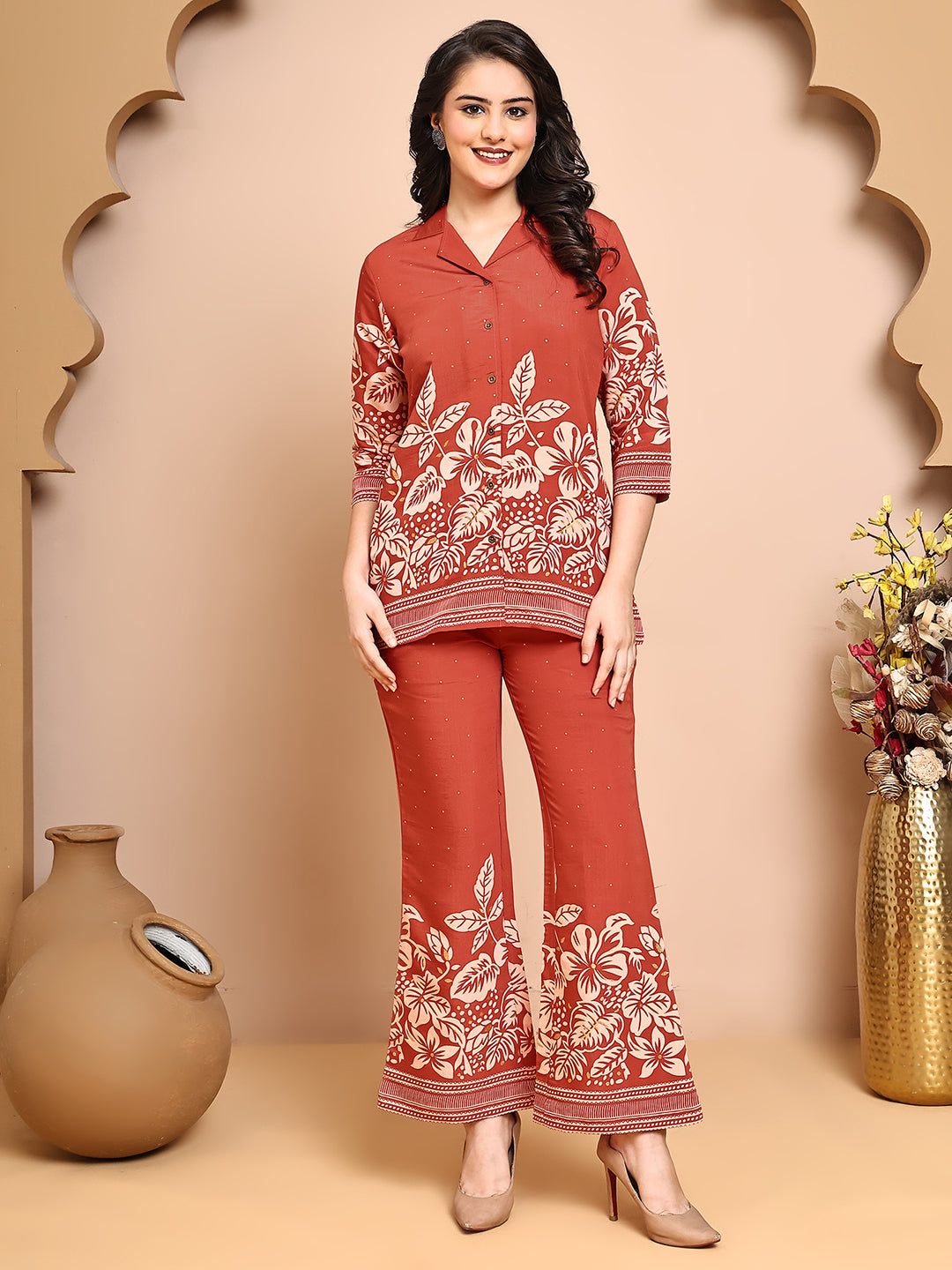 Orange Colour Floral Printed Premium Chanderi Co-Ord Set for Women
